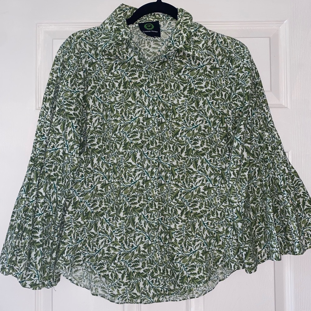 Catherine Prevost Green Floral Cotton Blouse Cottagecore Button Front Size Small - Picture 2 of 7